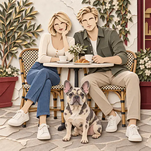 Paper-cut relief of a couple with a French bulldog at a cafe table on cracked cream plaster