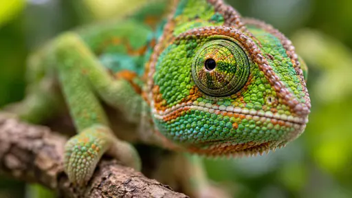 A close up of a green chameleon with sharp focus on its swivelling eye and textured scales in vibrant green, orange and turquoise clinging to a branch.