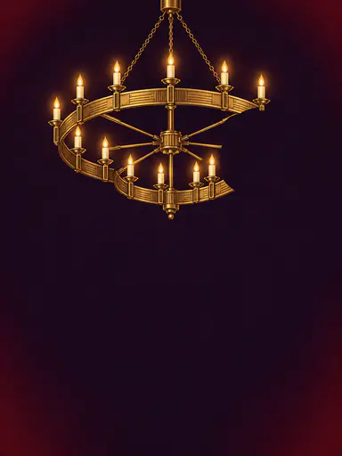 A simplified neo-art-deco chandelier hangs in the upper third of a tall dark plum poster field. Its ring of small glowing lamps is missing one crescent-shaped sector, the gap reading like a waning moon cut from the fixture. Engraved brass bands and oxblood accents finish the metalwork while the lower two fifths stay empty as copy space for a dark masquerade party background.