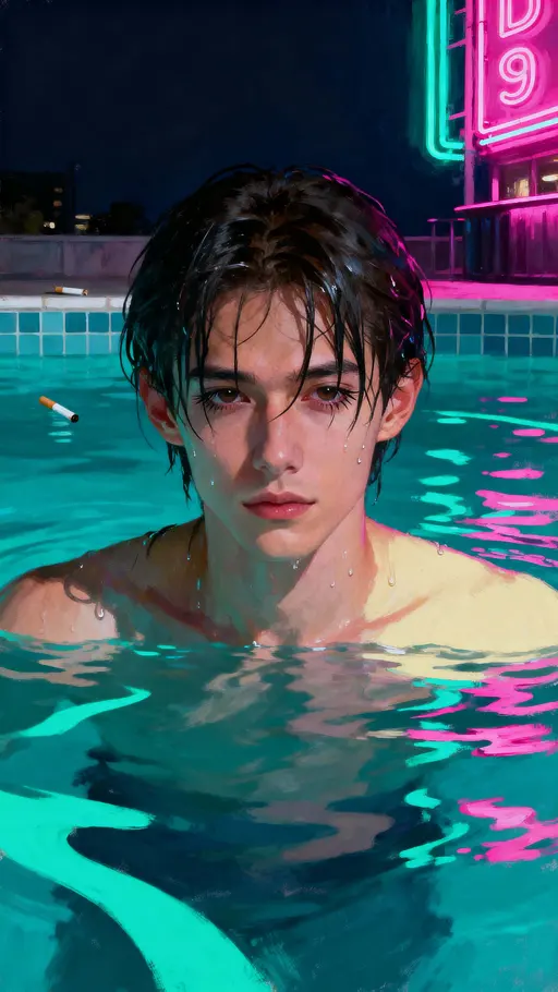 A lone character pushes up from a dark water surface with wet hair falling over the eyes as teal and magenta reflections dance across ripples and illuminate the face in stark contrast.