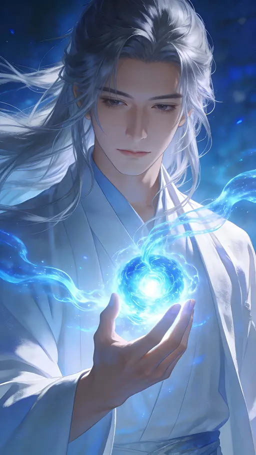 A serene anime-style vertical portrait of a character cradling a glowing energy core as soft blue light waves flow around them, creating a peaceful yet powerful cinematic fantasy realism.