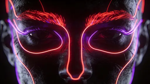 A deep charcoal face against a near-black backdrop features tight red and violet luminous contour lines tracing the jawline and brows, producing a stark, energetic contrast.