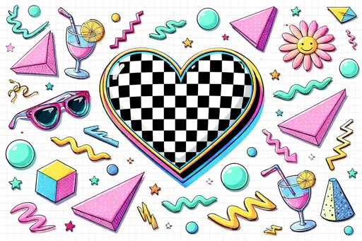 A 3:2 landscape surreal Memphis-style digital collage with a central 3D-effect checkered heart surrounded by pastel geometric shapes, floating sunglasses, and abstract florals.