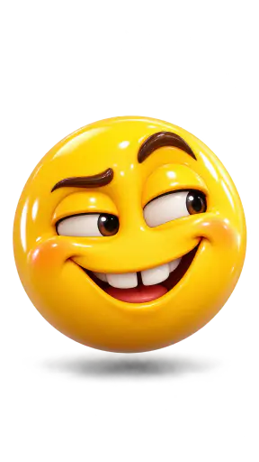 A chunky glossy candy glazed yellow toy smiley head with a cheeky lopsided grin, a gap tooth and one raised eyebrow, isolated on a transparent background.