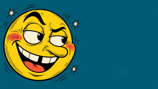 A retro scratchy ink cartoon yellow smiley face with a huge toothy lopsided grin, a gap tooth, oversized half lidded sideways eyes and one raised eyebrow on a flat deep teal wide ground.
