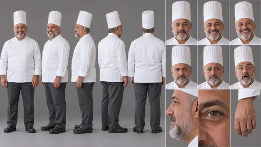 A 16:9 studio character sheet of a chef with a short silver beard in a tall white hat and white double-breasted jacket, grey trousers and black kitchen clogs, shown in five full-body views, six expressions and three close details.