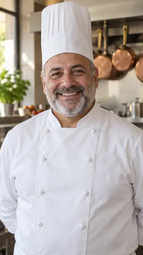 A stocky smiling man in his mid-fifties with olive skin, warm brown eyes and a short silver beard, in a white double-breasted chef jacket and a tall white chef hat, in a professional kitchen with copper pans hanging behind him and a steel counter.