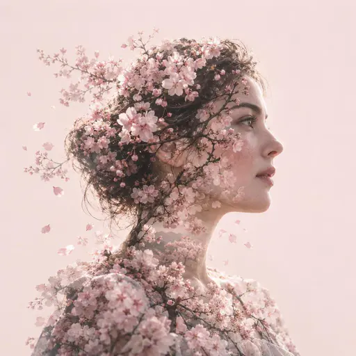 Right-facing profile of an invented adult blended with blooming cherry blossom branches, blossom clusters filling the head, petals lifting along the jawline against a pale blush field.