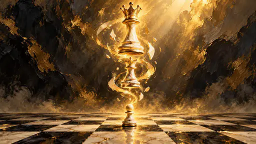 A chess pawn on a marble board unfolds upward into a mighty queen piece with the transformation shown in glowing stages against a dark background.