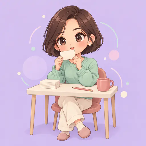 A fictional adult chibi woman with a bob in a mint sweater holds a blank flashcard to her lips beside a stack of blank cards and a mug on a pale lilac field with soft circles and dots.