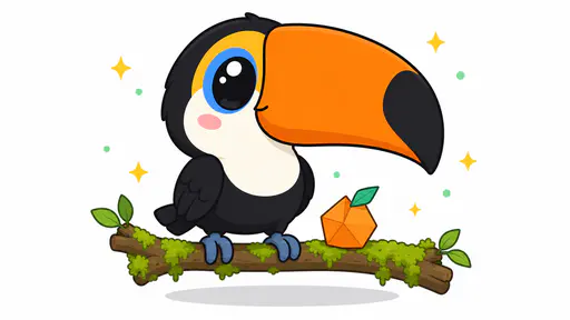 A chibi toco toucan with a balloon head, glossy eyes and a huge orange beak grips a short mossy branch on a clean white ground with tiny sparkles and a soft shadow.