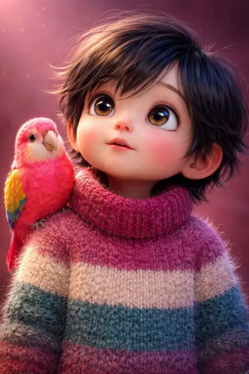 High-fidelity 3D render of a stylized child with a vibrant pink parrot, featuring soft lighting and intricate textures for a whimsical character portrait.