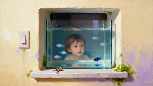 A light switch cover is removed to reveal a small glass tank set into the wall, filled with water, tiny fish, and a miniature child peering in with curious intent.