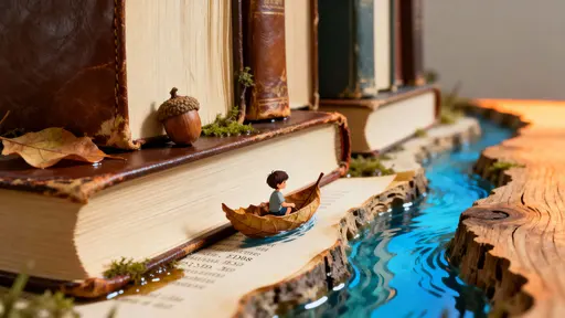 A tiny child in a fragile leaf boat drifts along a blue river carved through a stack of old books, with warm paper tones and green foliage framing a dreamy, intimate scene.