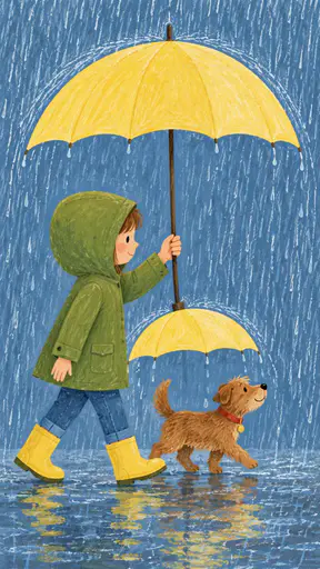 A flat gouache and crayon illustration of a child walking left to right in soft rain, wearing an olive-green rain jacket with the hood up and a small brown fringe of hair at the front opening, blue jeans and yellow rain boots, holding one umbrella shaft high in one hand so a large butter-yellow canopy shades her and a much smaller matching canopy below shades a small warm brown dog with a red collar, the rain parting around both canopies over a matte rain-blue field.