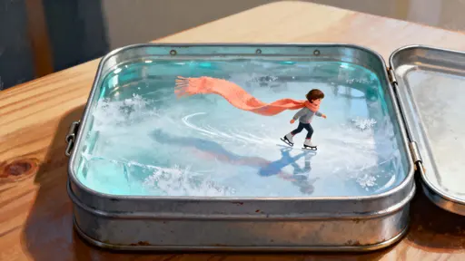 A tiny child in a bright scarf skates across a frozen miniature pond inside an open metal lunchbox, the scene playful and quiet with a hint of winter magic and everyday wonder.