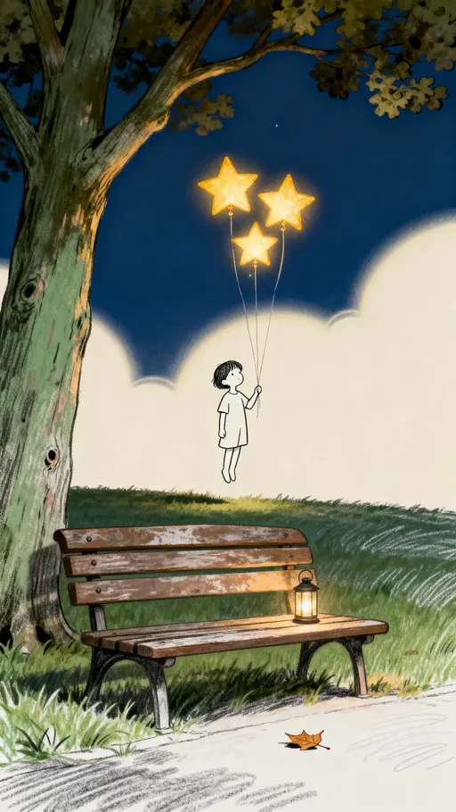 A line-art child holds glowing star-shaped balloons and floats a few inches above the grass in a nighttime park while the balloons cast soft golden light across benches and trees.