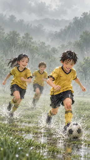Three children in yellow and black soccer kits laugh as they chase a ball across a soaking pitch, splashes rising at their feet in soft misty rain.