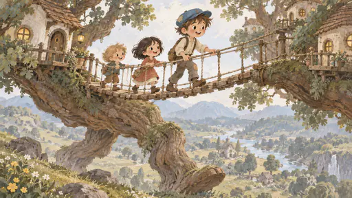 Three children, one a tall boy in a patched blue cap, cross a swaying rope bridge between two great branches of an enormous tree holding the rope rails and laughing, a meadow and winding stream far below and round-windowed cottages on both branches.