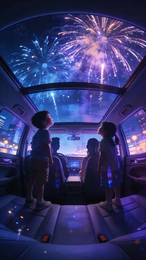 Wide-angle cinematic 9:16 portrait from inside a car cabin through a panoramic sunroof, vibrant fireworks fill the night sky as children stand on seats and parents appear in soft silhouette while city lights reflect on glass.