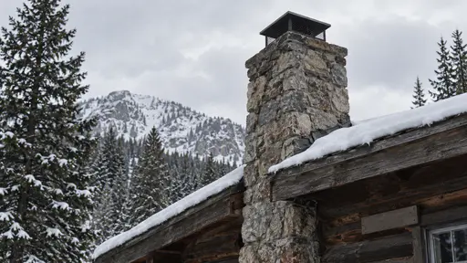 A stone chimney rises above the snow-lined roofline of a cabin with its cap clear of the snow in clear cold light.