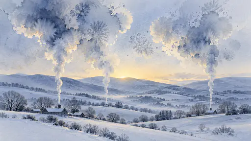 Thin smoke from small farm chimneys rises among bare trees and disperses into indigo and ivory pigment blooms in a pale winter sky over snowy hills.