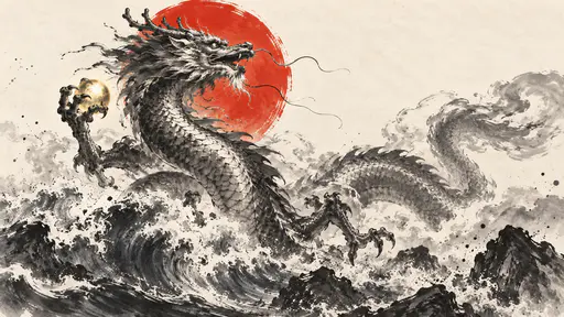 The Chinese Dragon King of the Eastern Sea, a long whiskered horned dragon, rears from stormy waves through cloud and spray clutching a glowing pearl with a red brushed circle behind it in sumi ink.