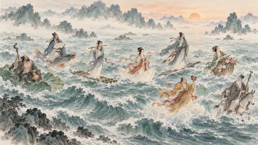 The Chinese Eight Immortals, robed figures with a gourd, a fan, a flute, a lotus, a sword, a flower basket, castanets and a staff, cross a wide misty sea on a lotus, a fish, a raft and a boat toward distant peaks.