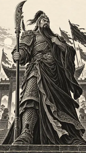 The Chinese god of loyalty Guan Yu stands in full armour with a long flowing beard and an upright crescent-bladed halberd before a temple gate in white line woodblock print.