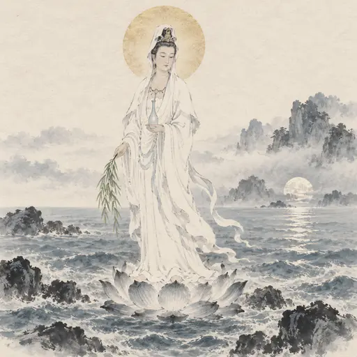 The Chinese bodhisattva Guanyin stands in white robes on a lotus on the sea holding a slender vase and a willow branch under a soft halo with misty cliffs and a low moon in ink dabs.