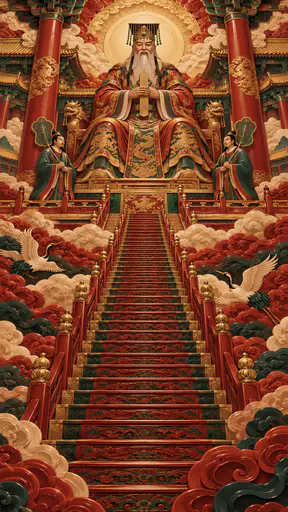 The Chinese Jade Emperor sits enthroned in a heavenly palace in a jade-bead crown and embroidered robe with two attendants above a flight of cloud-wreathed stairs in red and gold lacquer.