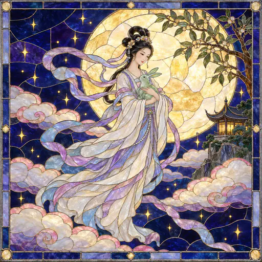 The Chinese moon goddess Chang'e in flowing robes and silk ribbons holds a jade hare as she floats toward a huge full moon with a laurel tree and a pavilion roof in soldered stained glass.