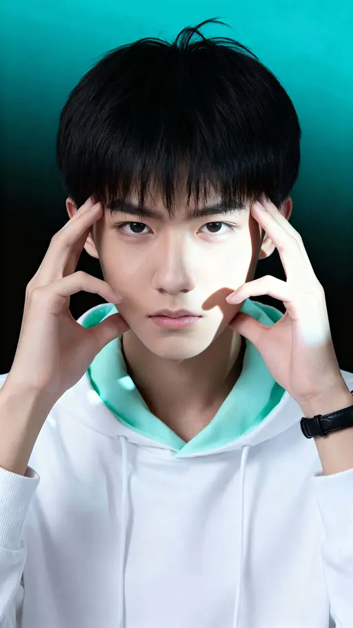 Tight 9:16 studio portrait of a 19-year-old Chinese student in a mint-lined white hoodie, hands framing his face with a contemplative expression against a blackened cyan gradient background.