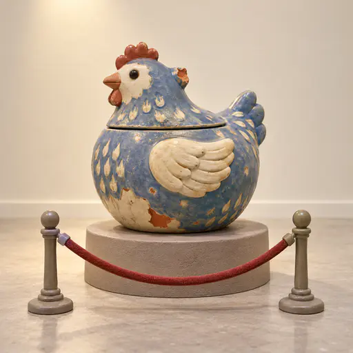 A chipped blue hen shaped cookie jar stands on a small round pedestal behind a clay velvet rope in a pale museum space, modelled in smooth polymer clay.