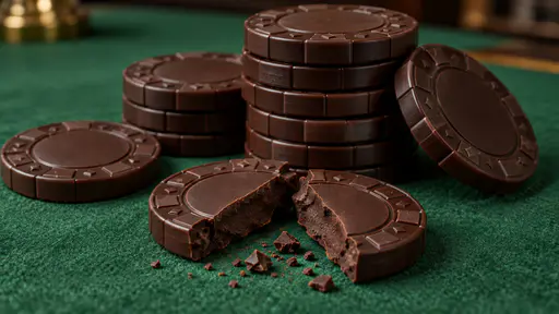 Chocolate chips: A stack of casino poker chips made from dark chocolate on green felt, one chip snapped open showing the solid chocolate interior.