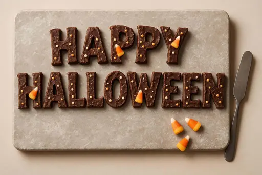 Sculpted chocolate letters spelling "HAPPY HALLOWEEN" sit on a dusted bakery-stone slab, inlaid with candy-corn triangles and sugar pearls for a warm, festive tabletop still life scene.