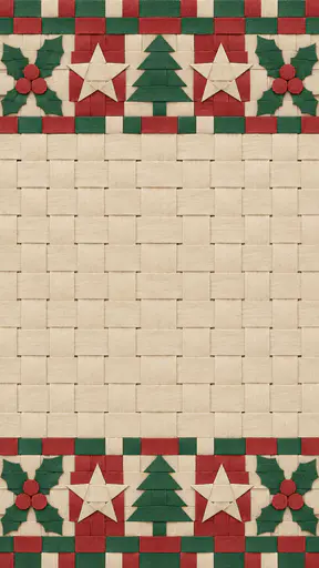 A tall card background woven from interlaced red, green and cream paper strips with holly, stars and a tree in bands along the top and bottom edges and a large plain cream woven middle.