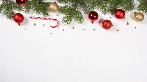 Top-down 16:9 flat-lay of a minimal Christmas border on pure white, with sparse pine greenery at the top, a few red and gold ornaments, a single candy cane and subtle gold snowflake confetti, leaving the center empty.