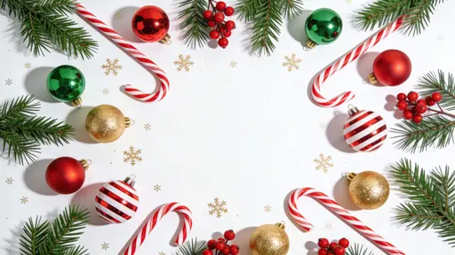 Top-down 16:9 Christmas flat lay border on a white background showing fresh pine branches, diagonal red-and-white candy canes, red, green and gold baubles, red berries and gold snowflake confetti.