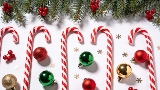Top-down Christmas flat lay border on a white background with pine branches along the top, evenly spaced red and white candy canes, glossy red, green and gold baubles, red berries and gold snowflake confetti.