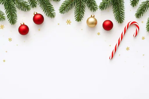 Top-down Christmas flat-lay border in a 3:2 frame on pure white, with sparse pine greenery along the top edge, matte red and metallic gold ornaments, a single candy cane at the right corner, and scattered gold snowflake confetti and tiny gl