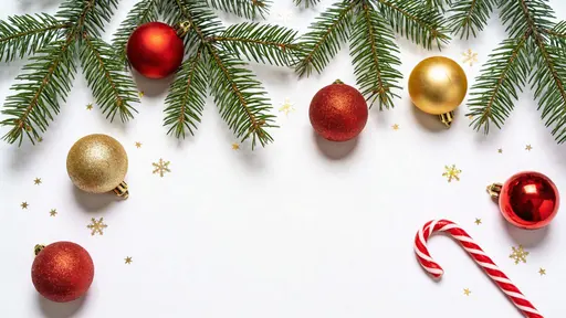 Top-down 16:9 flat lay border of sparse pine greenery, a few red and gold ornaments and a single candy cane with subtle gold snowflake confetti on a pure white background.