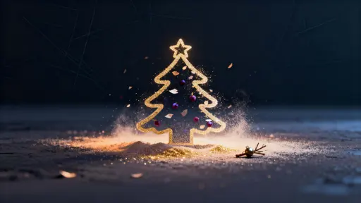 A minimal Christmas icon composed of drifting glowing dust particles arranged into a simple seasonal symbol against a dark neutral backdrop, evoking serene holiday warmth and quiet wonder.