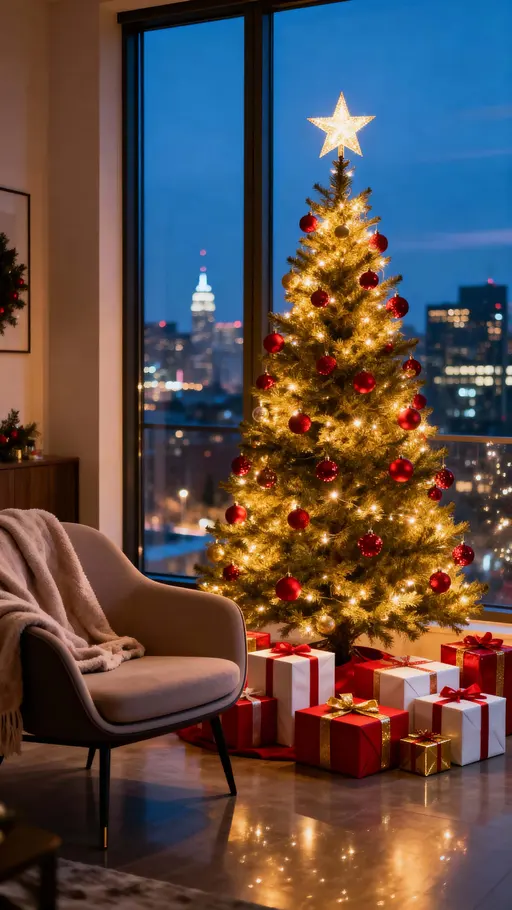 Cozy Christmas living room with a warm glowing tree beside a tall window overlooking a softly lit evening city, golden lights and red ornaments above neatly wrapped gifts and a modern armchair.