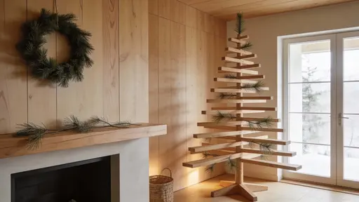 A minimal cozy Christmas mantel shot in 16:9 with exposed warm wood grain, subtle pine sprigs and a few matte ornaments against cream and soft gold tones.