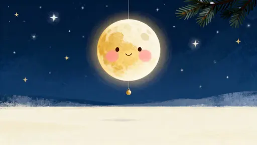 A cute round Christmas moon with soft blushing cheeks floats in a warm nighttime sky, framed for a 16:9 greeting composition with a gentle glow and whimsical holiday charm.