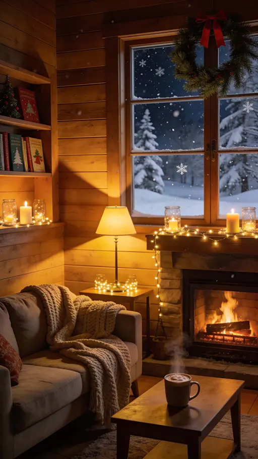 A cozy 9:16 interior showing a wooden room lit by warm yellow fairy lights and candles, with a window revealing a softly snowing winter night outside, evoking peaceful holiday warmth.