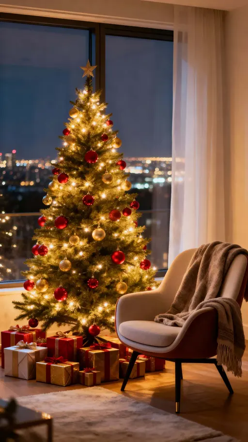Vertical 9:16 scene of a radiant Christmas tree beside a large window with distant city glow, warm red and gold ornaments, wrapped presents and a draped armchair.