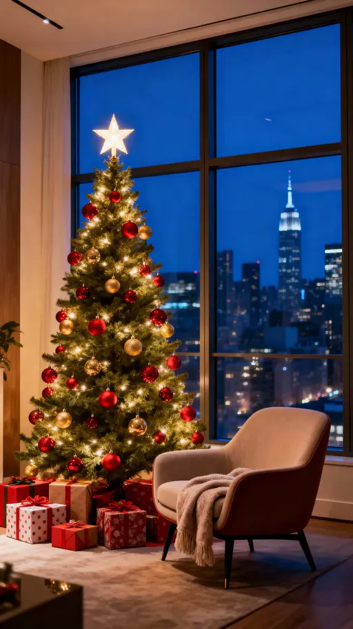 A tall glowing Christmas tree fills a modern holiday interior beside a wide night window, its red and gold ornaments and wrapped gifts near a cozy armchair with warm light contrasting cool deep-blue city views.