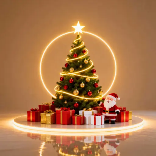 A warmly lit Christmas tree topped with a bright star and wrapped in a glowing golden spiral, fronted by red, gold, and white gifts and a cheerful Santa beside them.